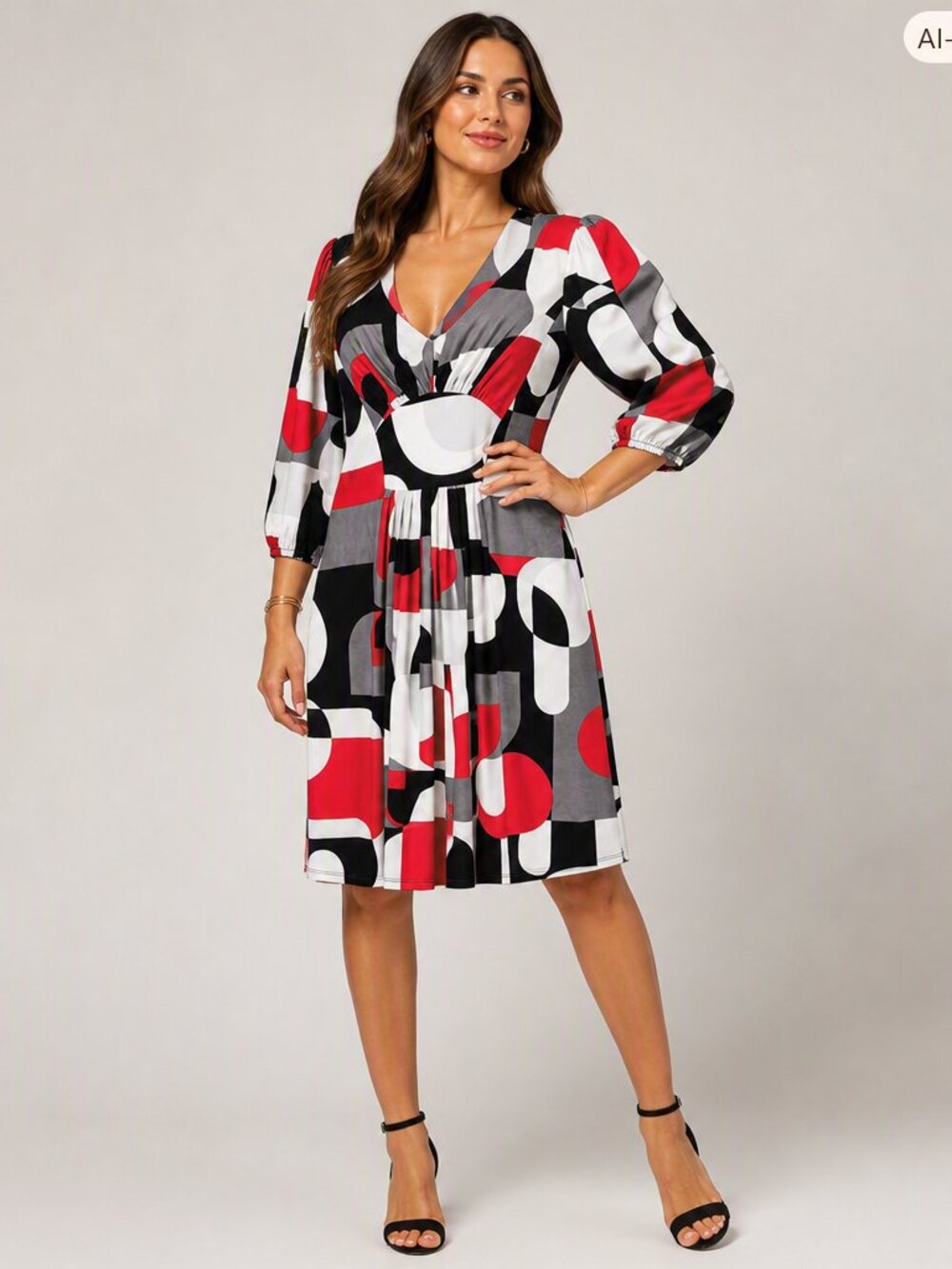 Bisou Bisou Red Black Gray Geometric V‑Neck Midi Dress – Size 8